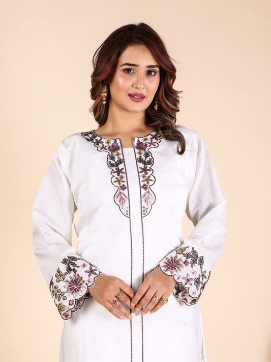 White Embroidered Women's Viscose Rayon Kurti Pant Set