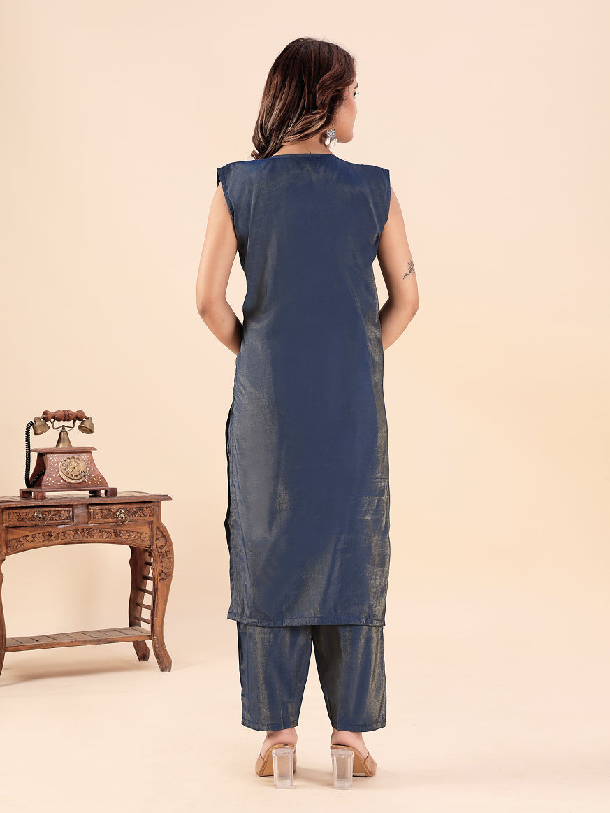 Women's Navy Blue Embroidered Kurti Pant Set