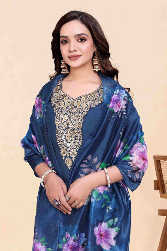 Women's Blue Embroidered Kurta Pant Dupatta Set