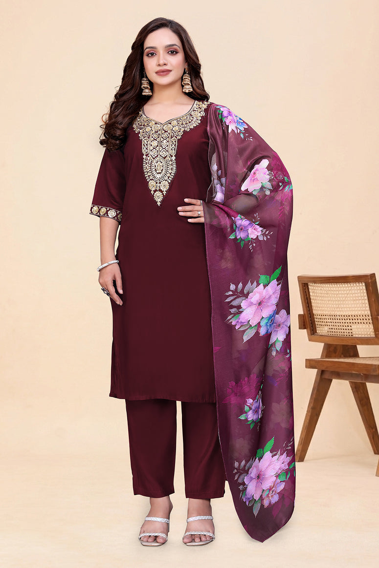 Women's Maroon Kurti Pant Set with Dupatta