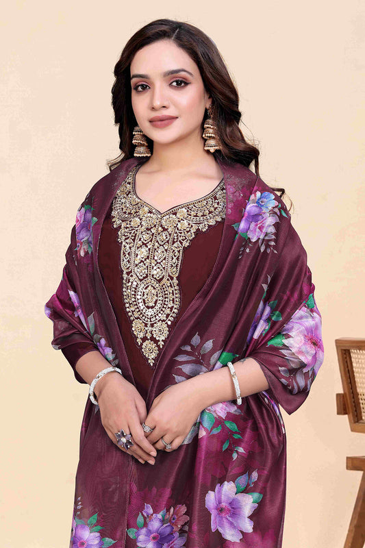 Women's Maroon Kurti Pant Set with Dupatta
