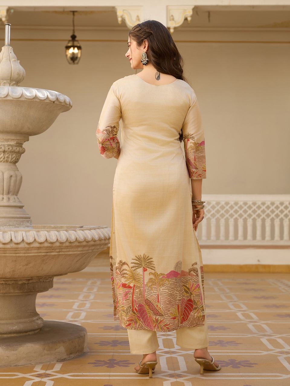 Cream Woven Work Kurta Pant Set with Designer Dupatta