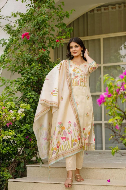 Women Cream Floral Woven Work Kurta Pant Set With Dupatta
