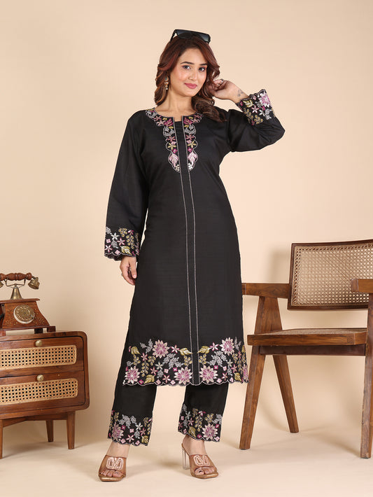 Women's Black Embroidered Kurti Pant Set for Wear