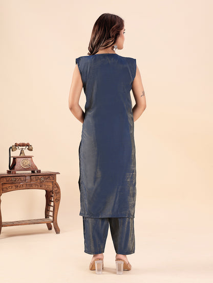 Women's Navy Blue Embroidered Kurti Pant Set