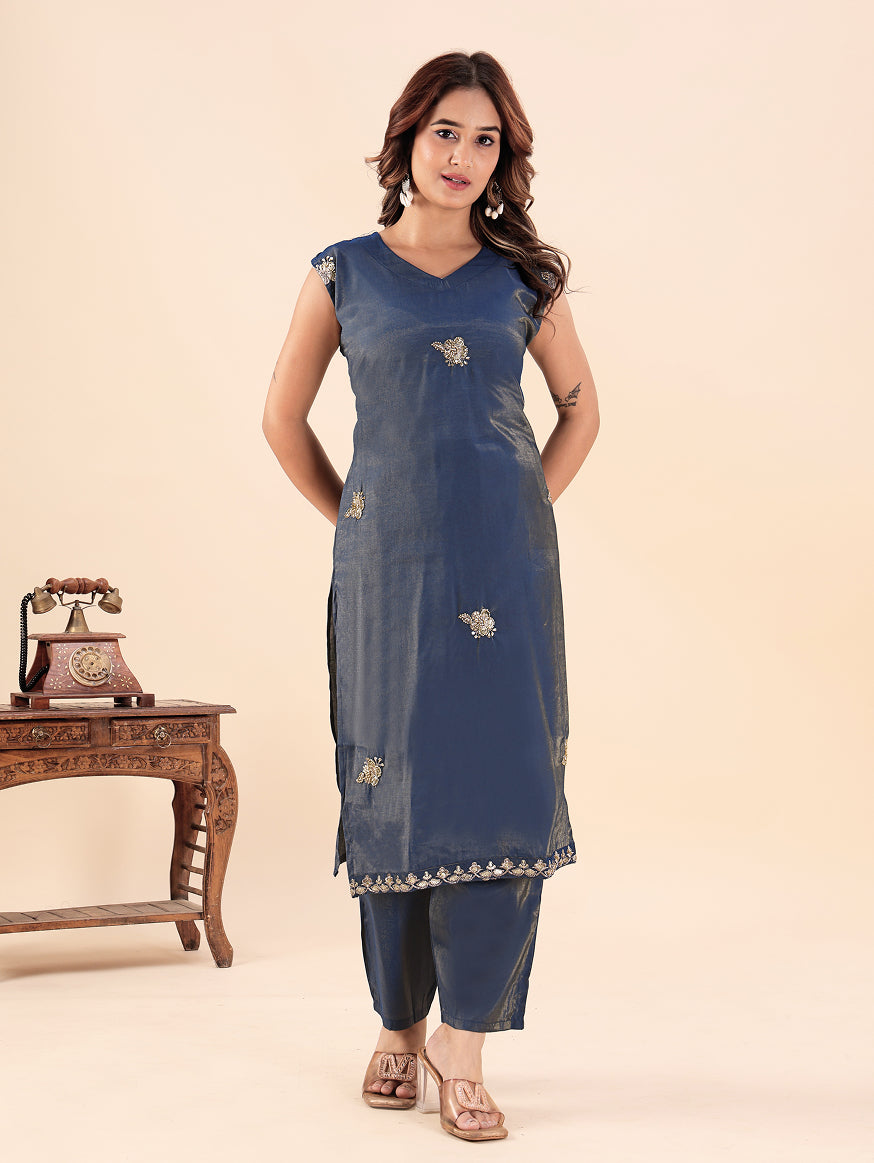 Women's Navy Blue Embroidered Kurti Pant Set