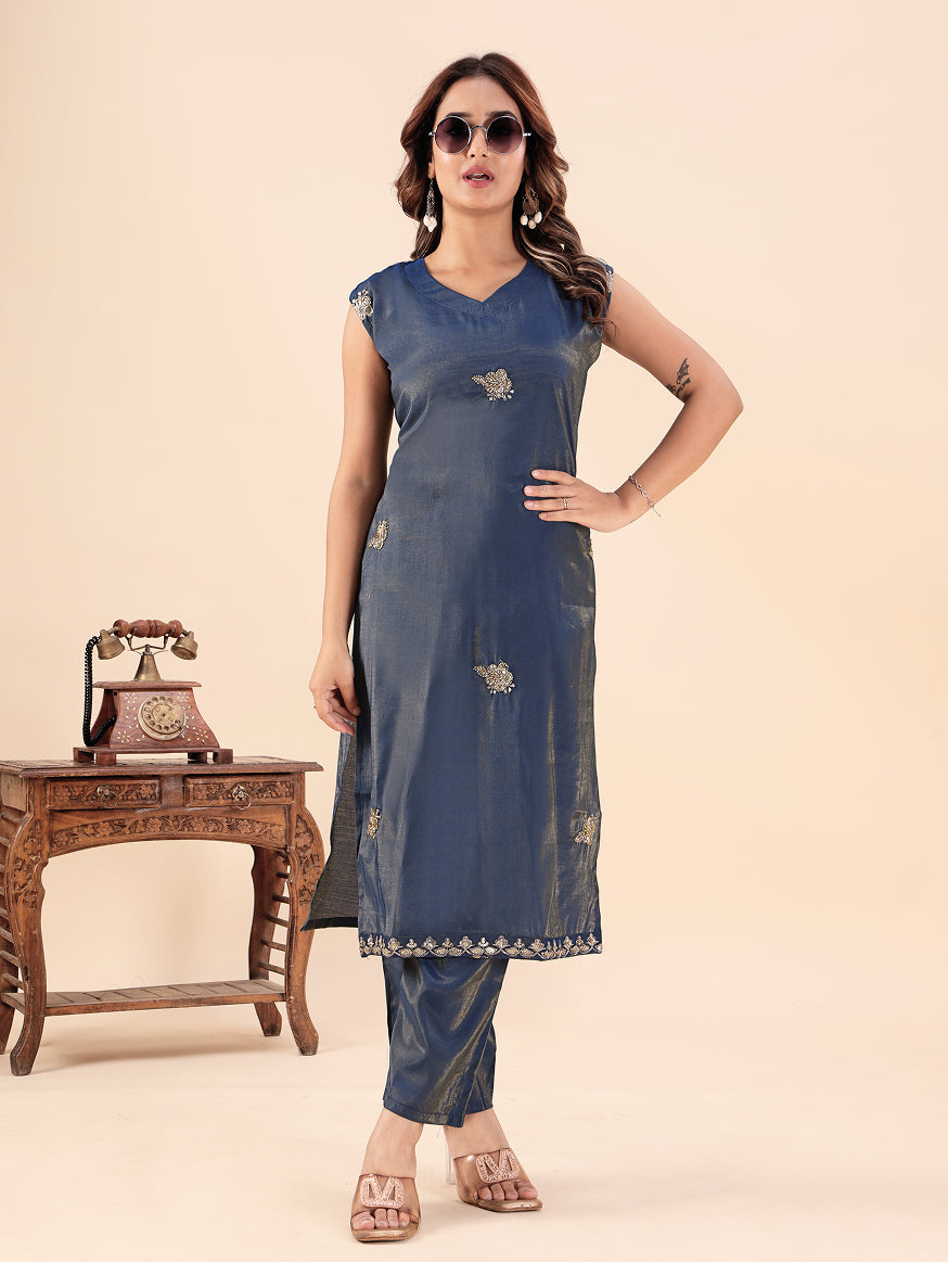 Women's Navy Blue Embroidered Kurti Pant Set