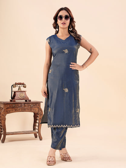 Women's Navy Blue Embroidered Kurti Pant Set