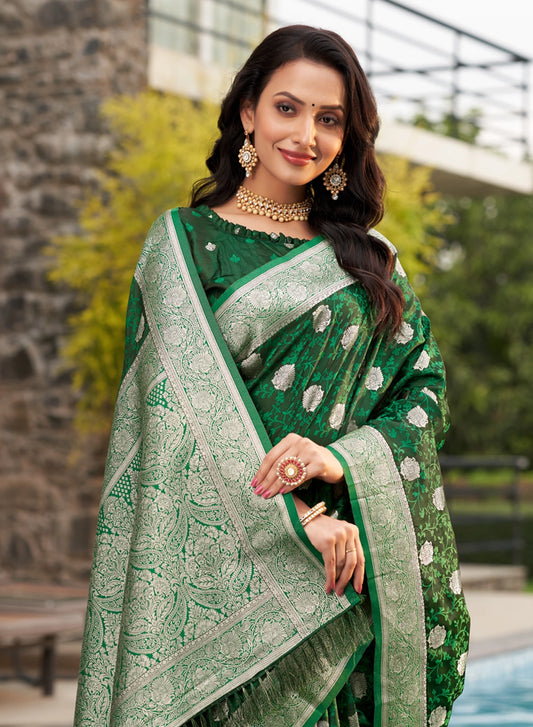 Green Banarasi Silk Saree with Buti Woven Design