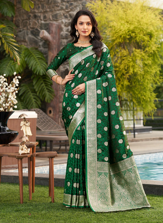 Green Banarasi Silk Saree with Buti Woven Design