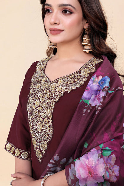Women's Maroon Kurti Pant Set with Dupatta