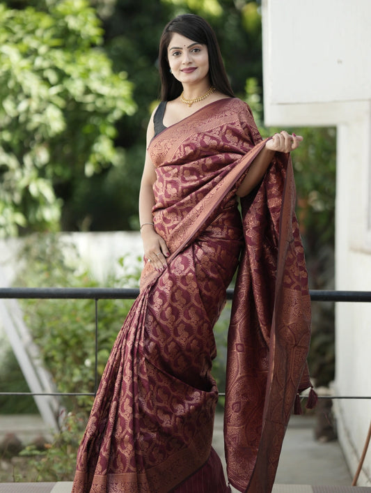 Maroon Woven Saree With Floral Golden Border