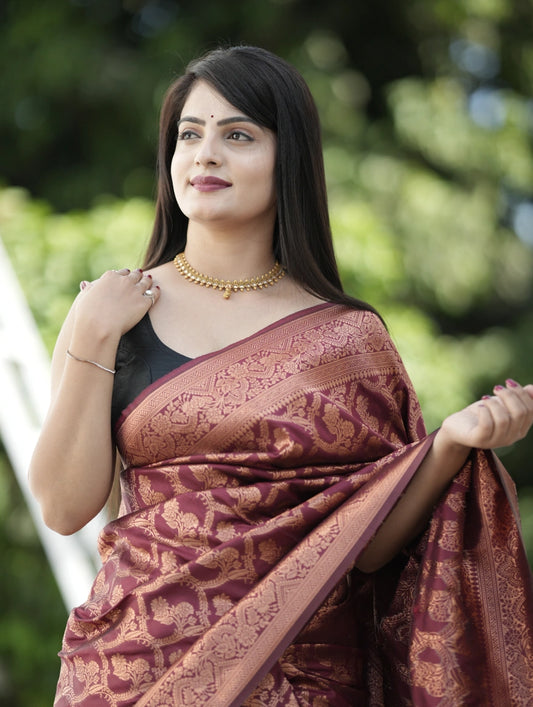 Maroon Woven Saree With Floral Golden Border