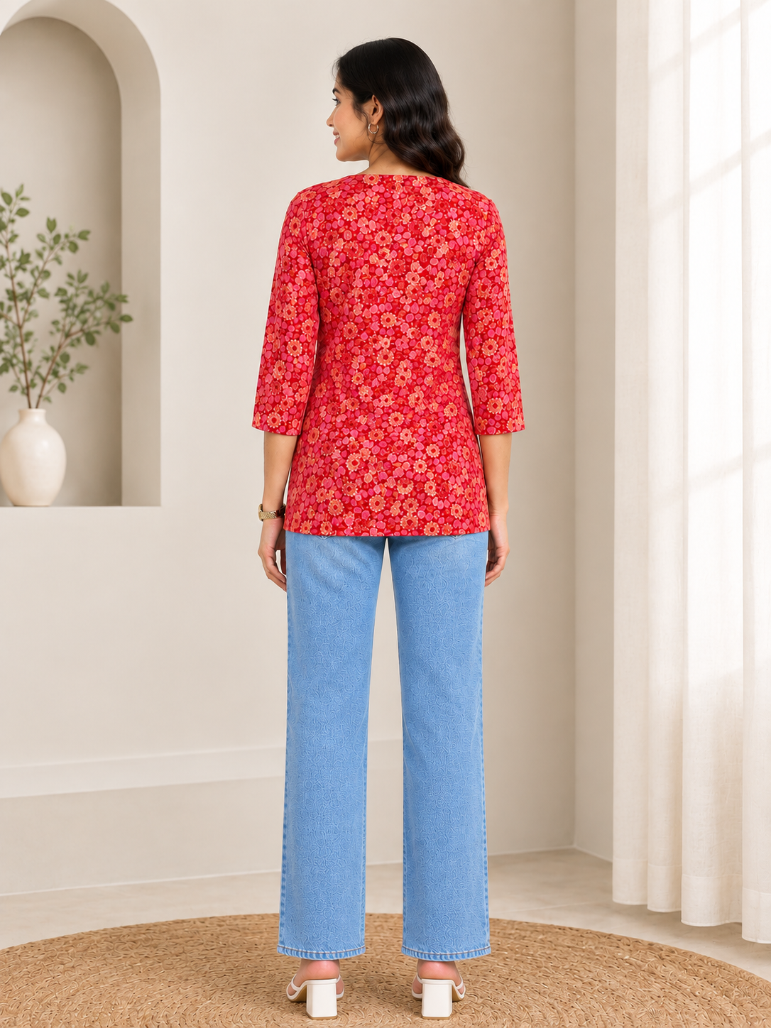 Women’s Floral Printed V Neck 3/4 Sleeve Casual Top