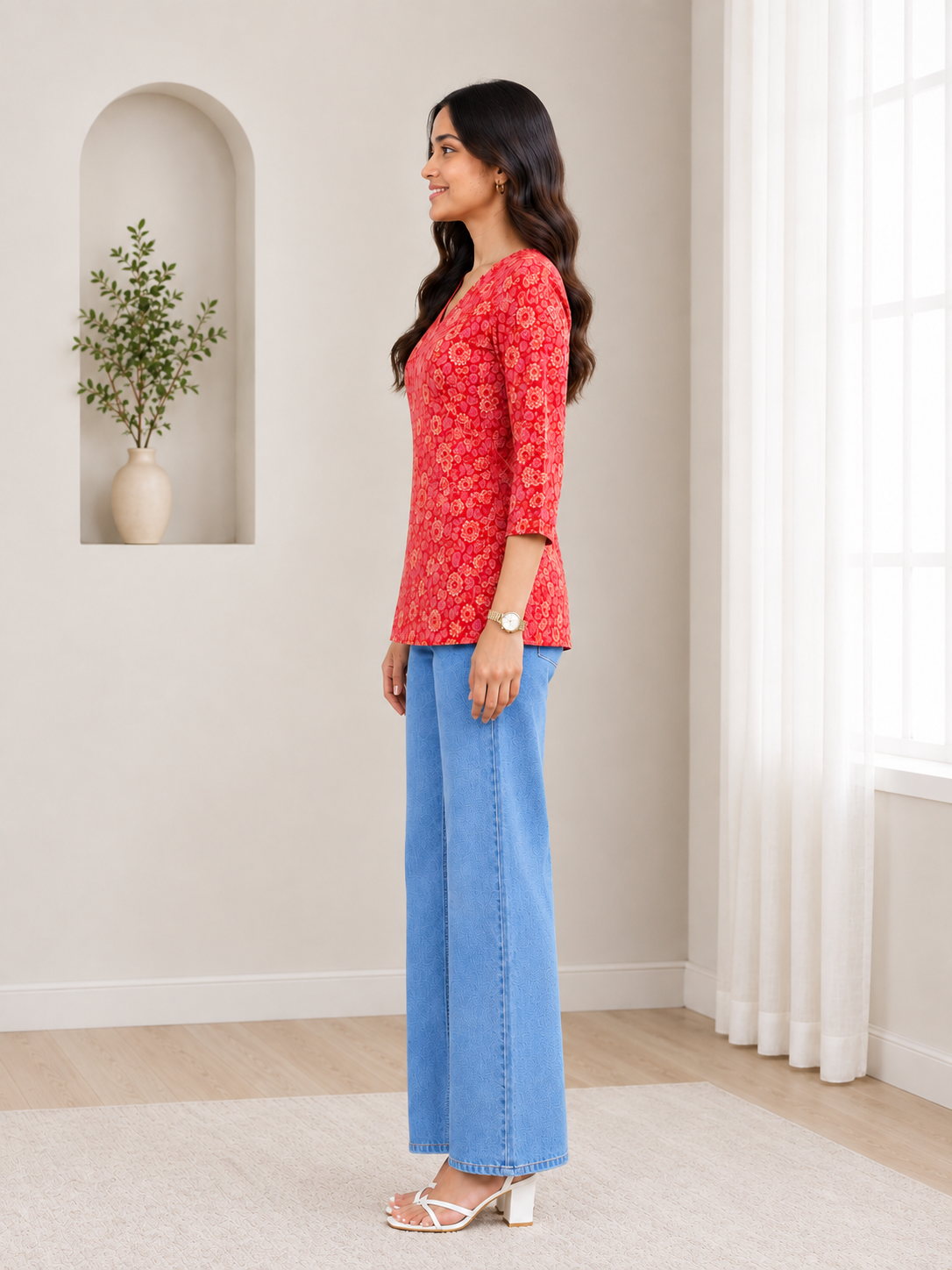 Women’s Floral Printed V Neck 3/4 Sleeve Casual Top