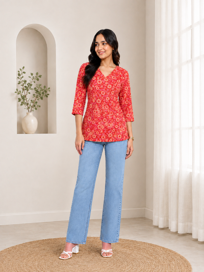 Women’s Floral Printed V Neck 3/4 Sleeve Casual Top