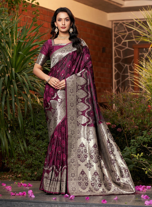 Wine Banarasi Silk Saree with Floral Silver Weaving