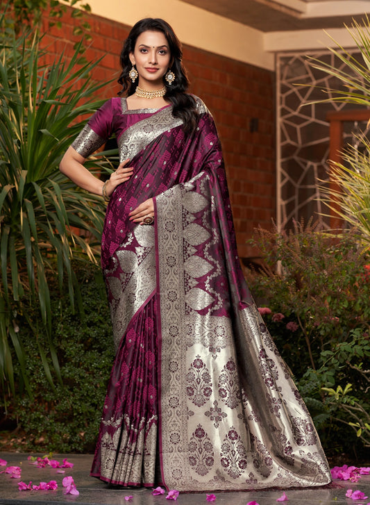 Wine Banarasi Silk Saree with Floral Silver Weaving