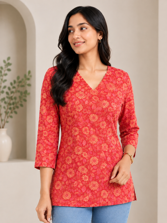 Women’s Floral Printed V Neck 3/4 Sleeve Casual Top
