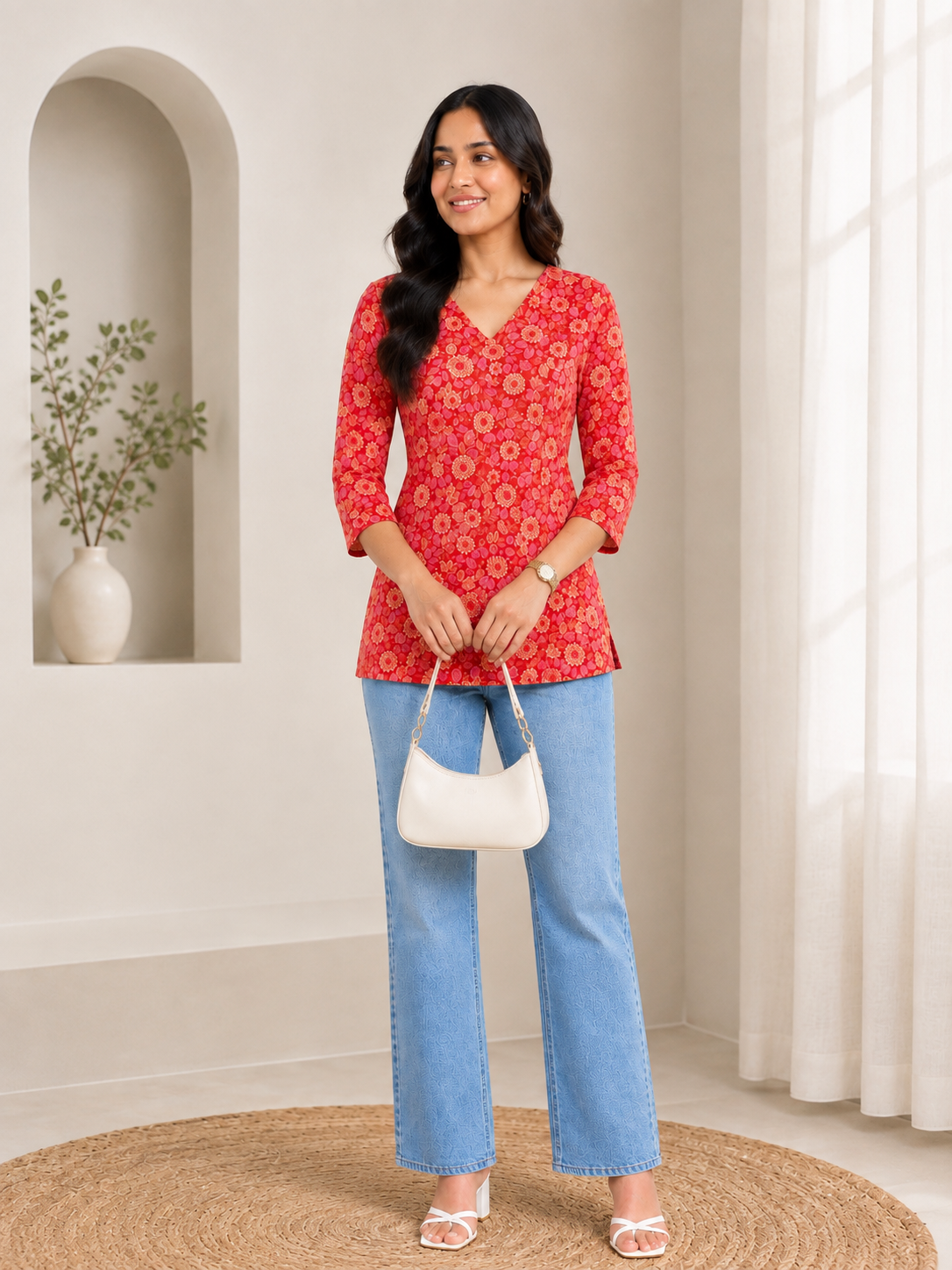Women’s Floral Printed V Neck 3/4 Sleeve Casual Top