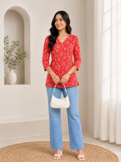 Women’s Floral Printed V Neck 3/4 Sleeve Casual Top