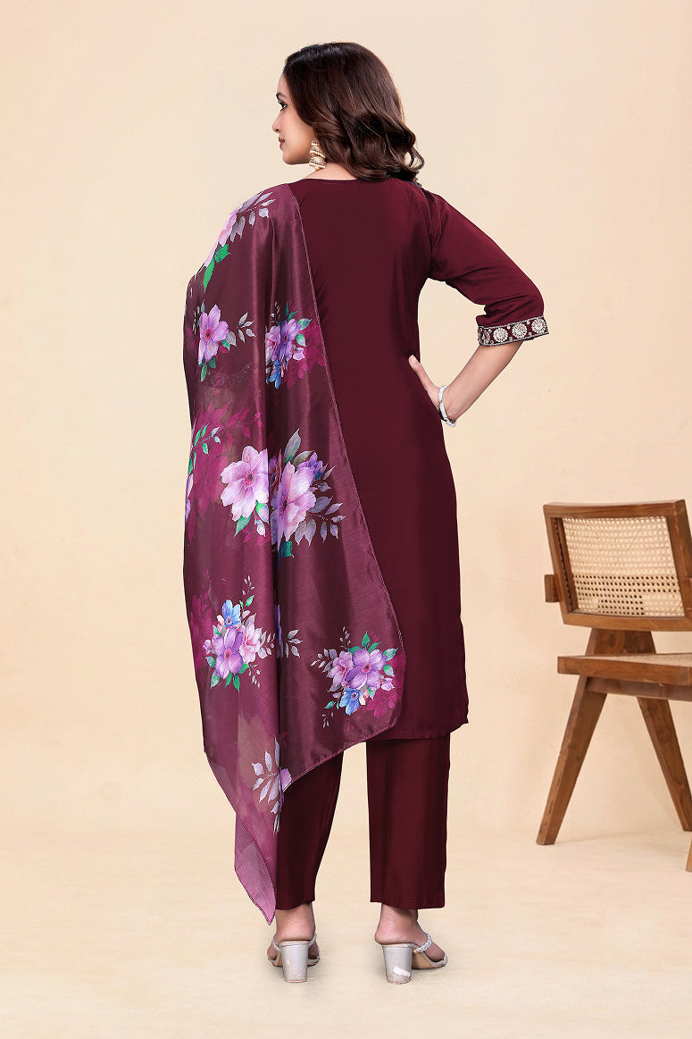 Women's Maroon Kurti Pant Set with Dupatta
