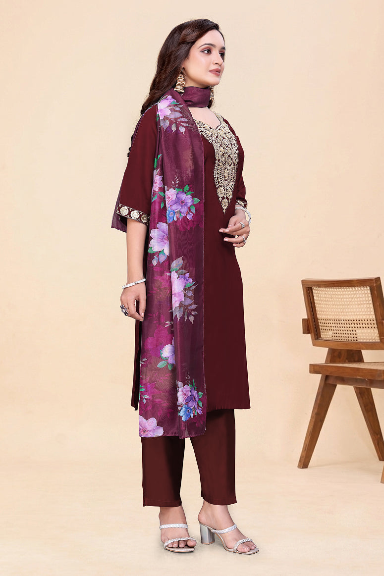 Women's Maroon Kurti Pant Set with Dupatta