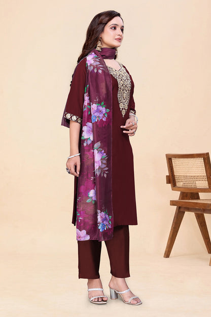 Women's Maroon Kurti Pant Set with Dupatta