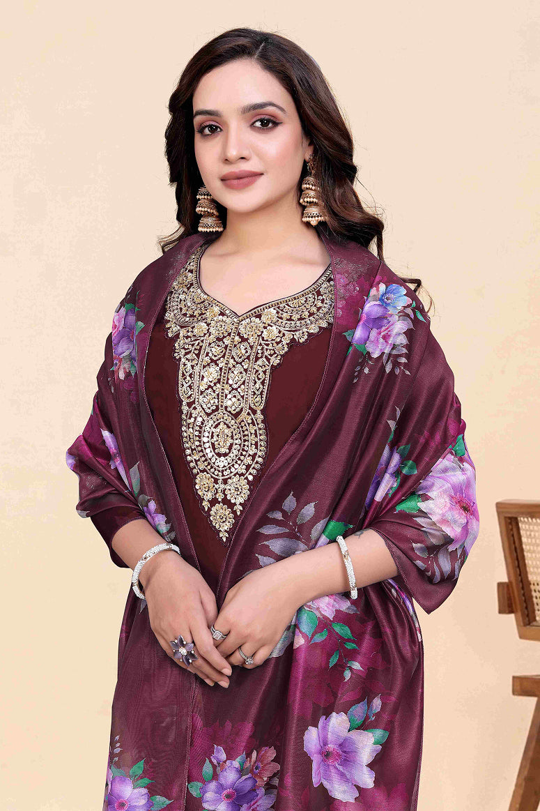 Women's Maroon Kurti Pant Set with Dupatta
