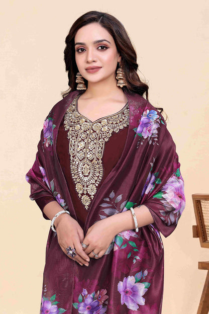 Women's Maroon Kurti Pant Set with Dupatta
