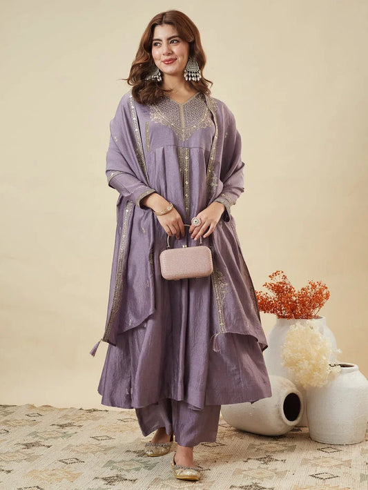 Women Purple Embroidered Anarkali Kurta Pant Dupatta Set