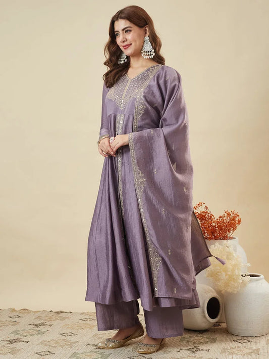 Women Purple Embroidered Anarkali Kurta Pant Dupatta Set