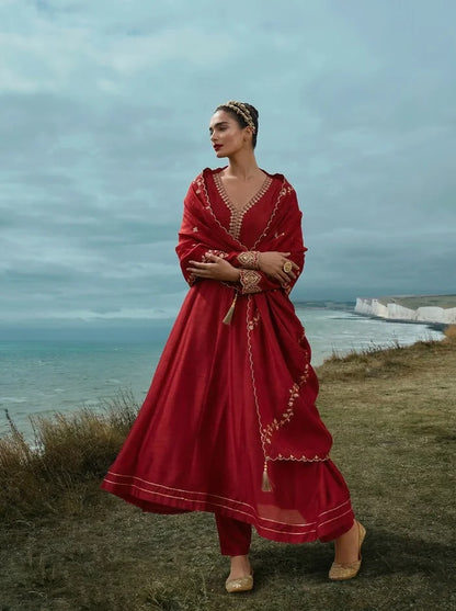 Women Red Embroidered Anarkali Kurta Pant Set With Dupatta