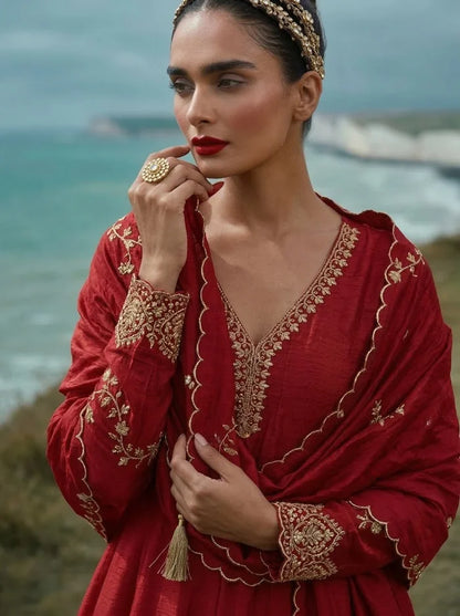 Women Red Embroidered Anarkali Kurta Pant Set With Dupatta
