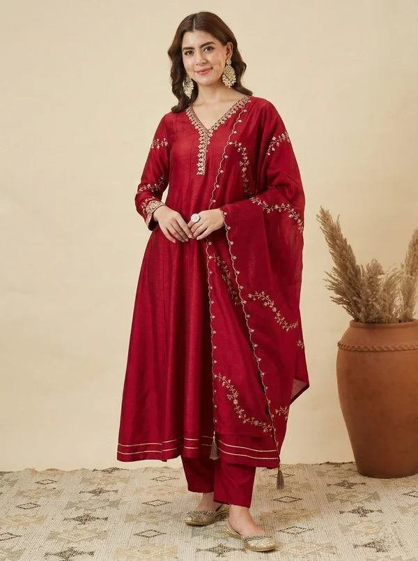 Women Red Embroidered Anarkali Kurta Pant Set With Dupatta