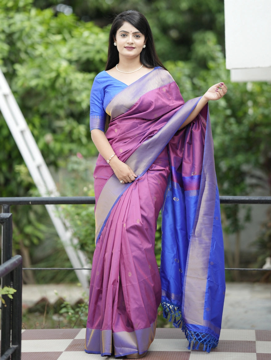 Pink Blue Woven Saree With Zari Border