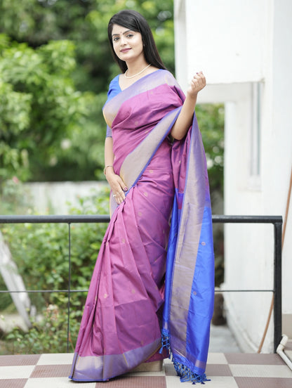 Pink Blue Woven Saree With Zari Border