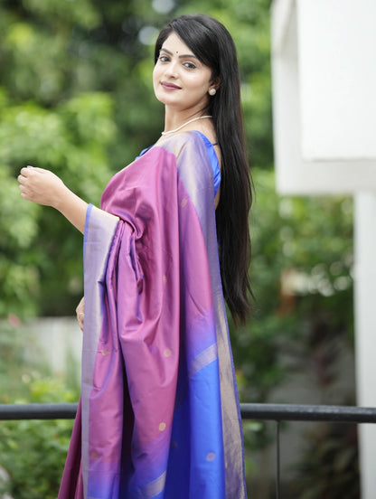 Pink Blue Woven Saree With Zari Border