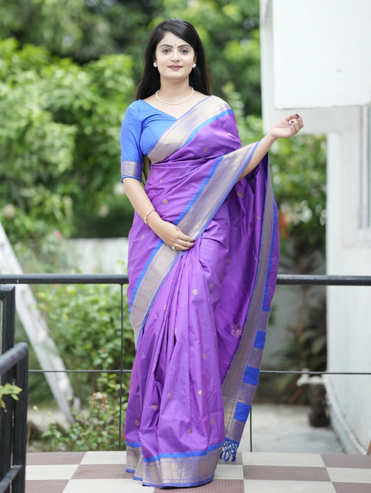 Purple Blue Woven Saree With Golden Border And Motifs