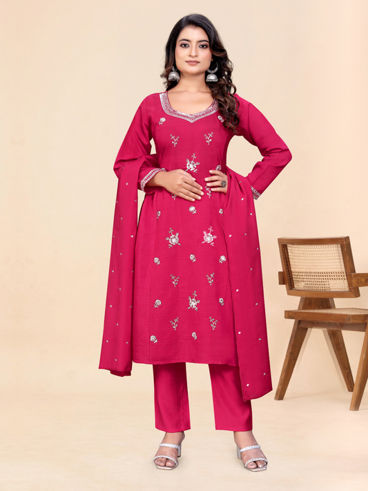 Women's Embroidered Kurta Pant Dupatta Set