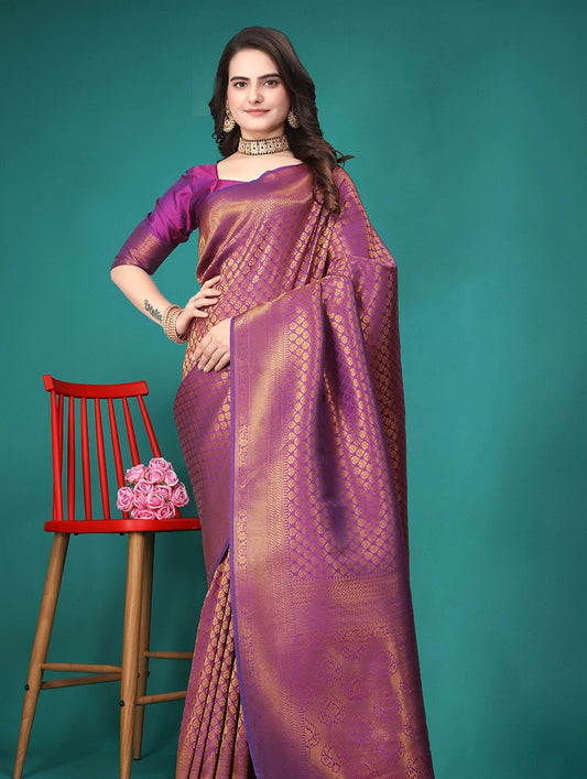 Purple Gold Zari Woven Saree With Designer Blouse