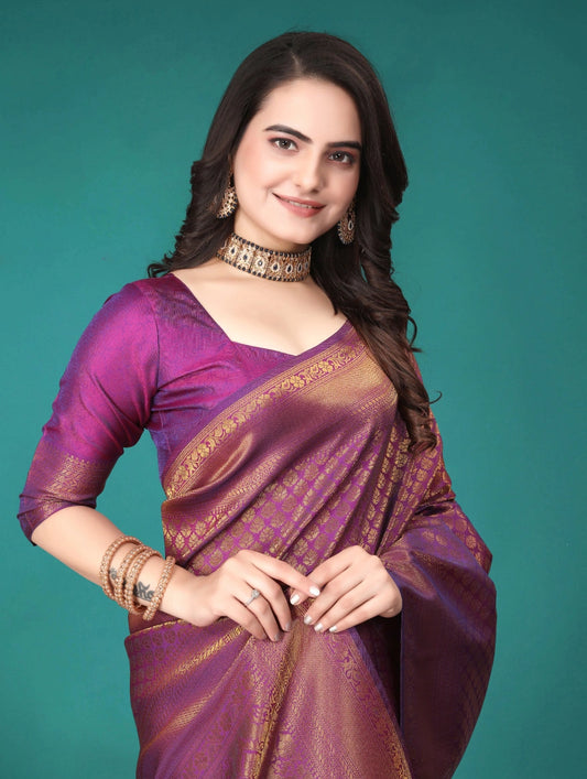 Purple Gold Zari Woven Saree With Designer Blouse