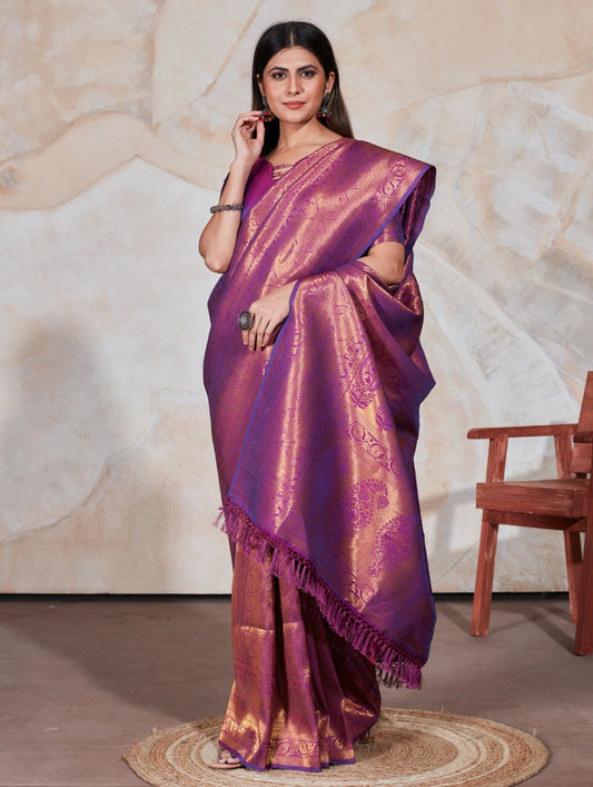 Purple Zari Woven Saree With Designer Blouse