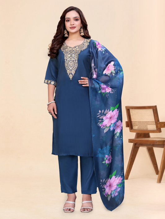 Women's Blue Embroidered Kurta Pant Dupatta Set