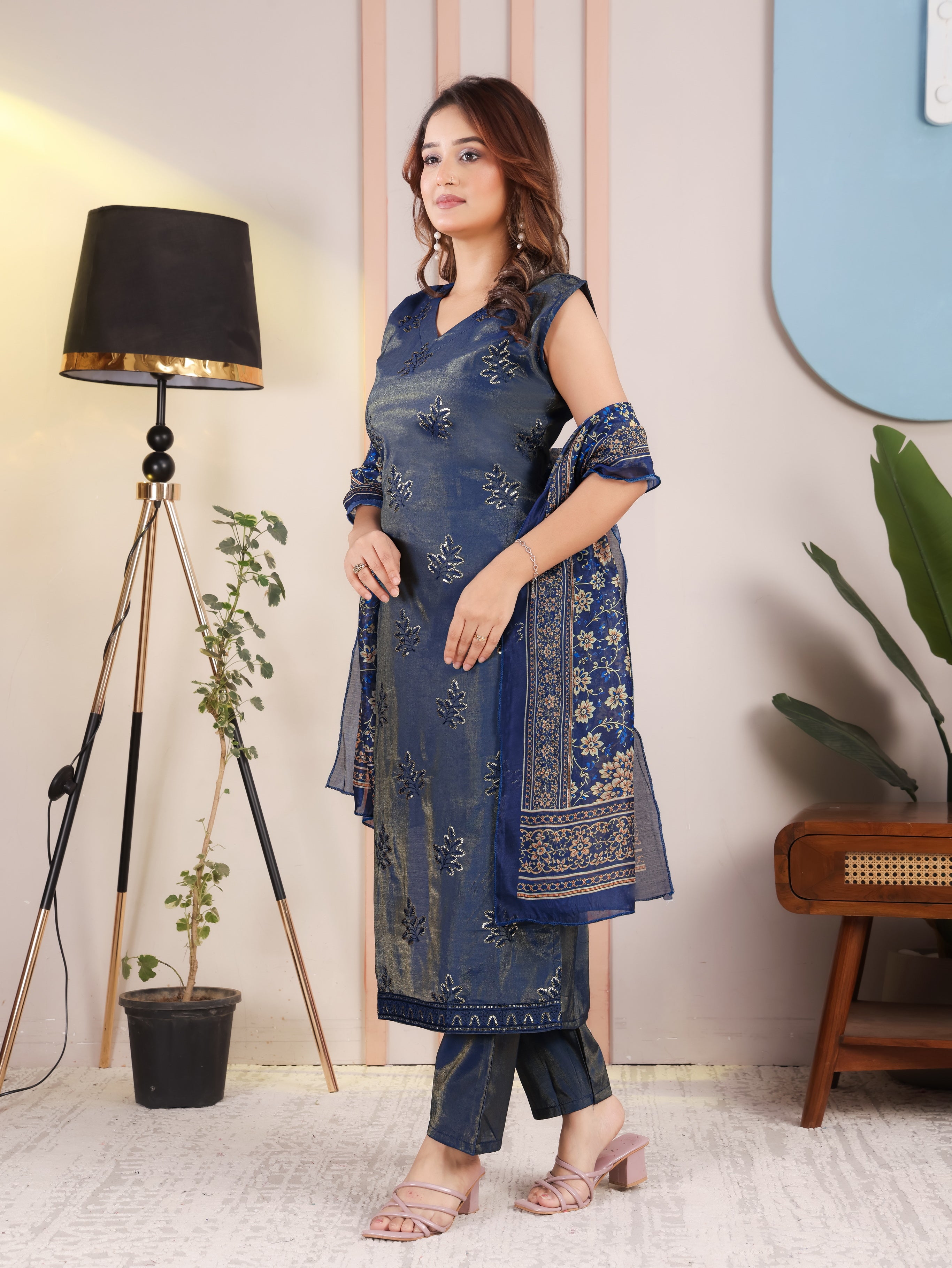Navy Blue Floral Kurta Pant Set for Women