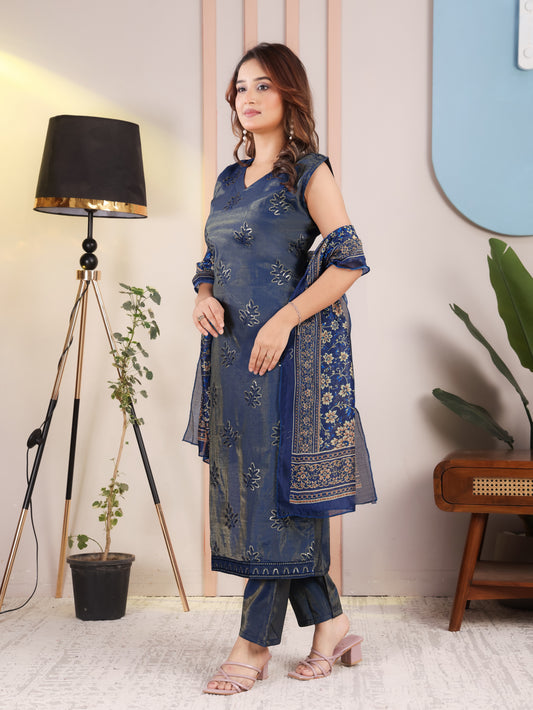 Navy Blue Floral Kurta Pant Set for Women