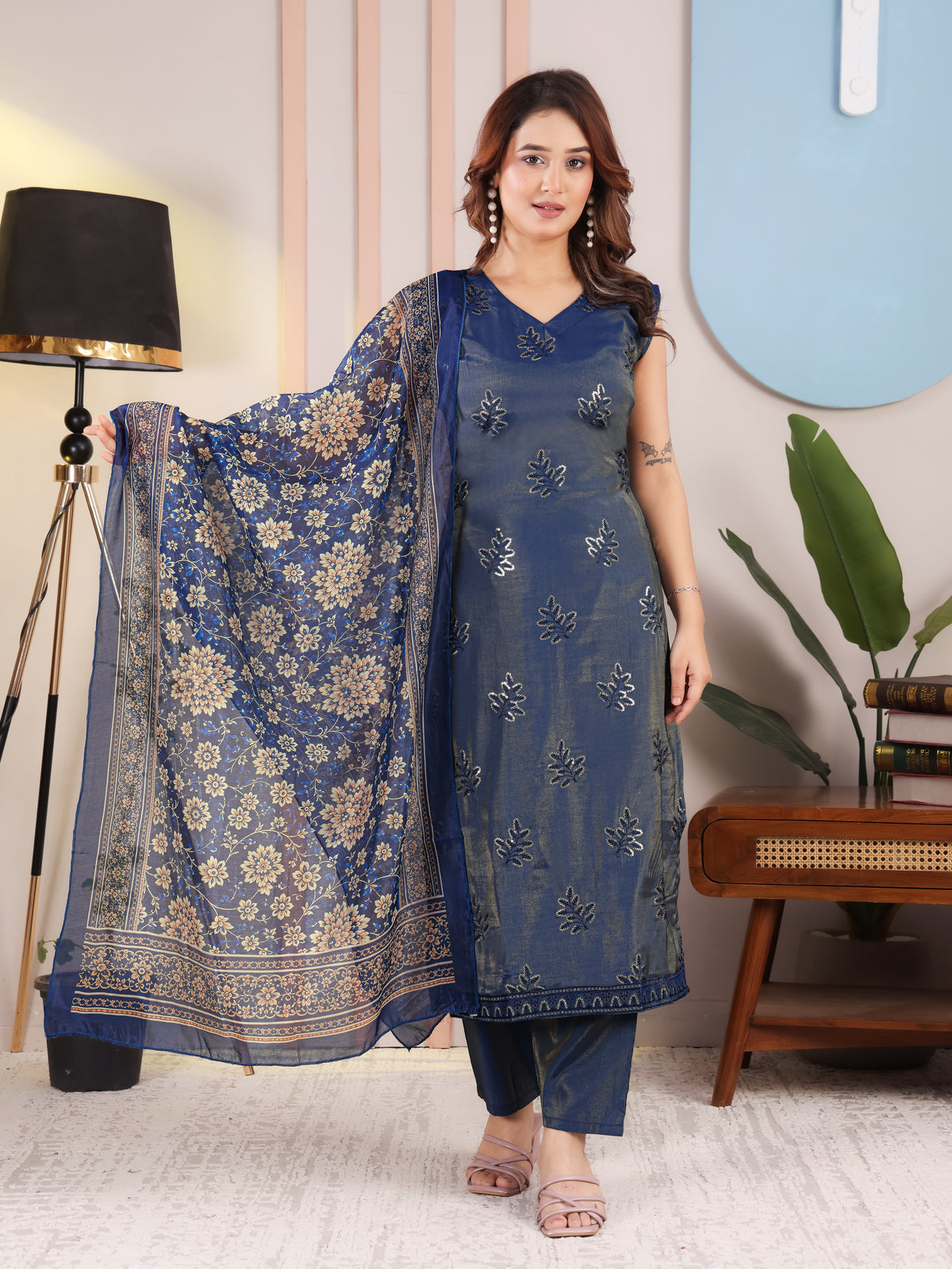 Navy Blue Floral Kurta Pant Set for Women
