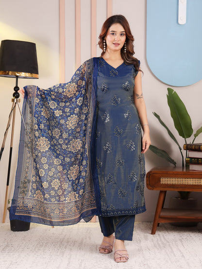Navy Blue Floral Kurta Pant Set for Women