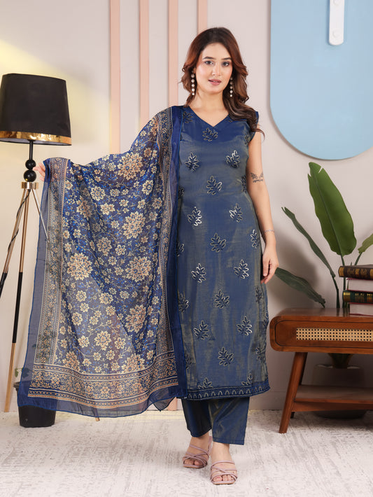 Navy Blue Floral Kurta Pant Set for Women