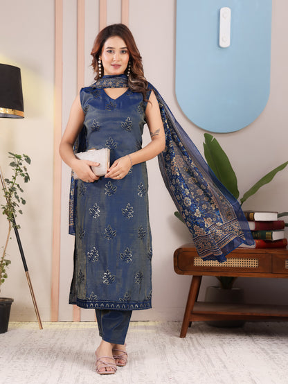 Navy Blue Floral Kurta Pant Set for Women